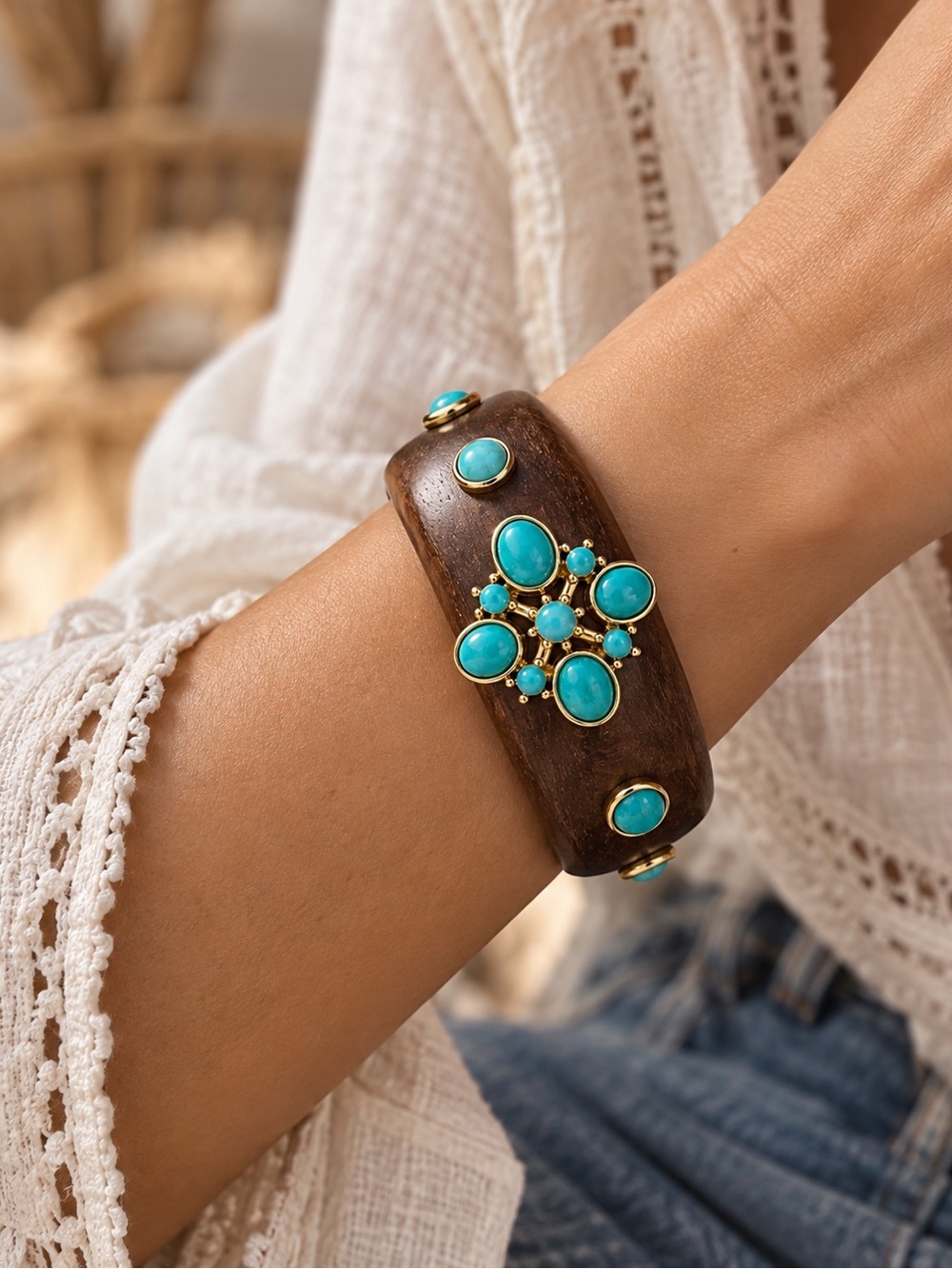 Turquoise Stone Wooden Bangle Bracelet